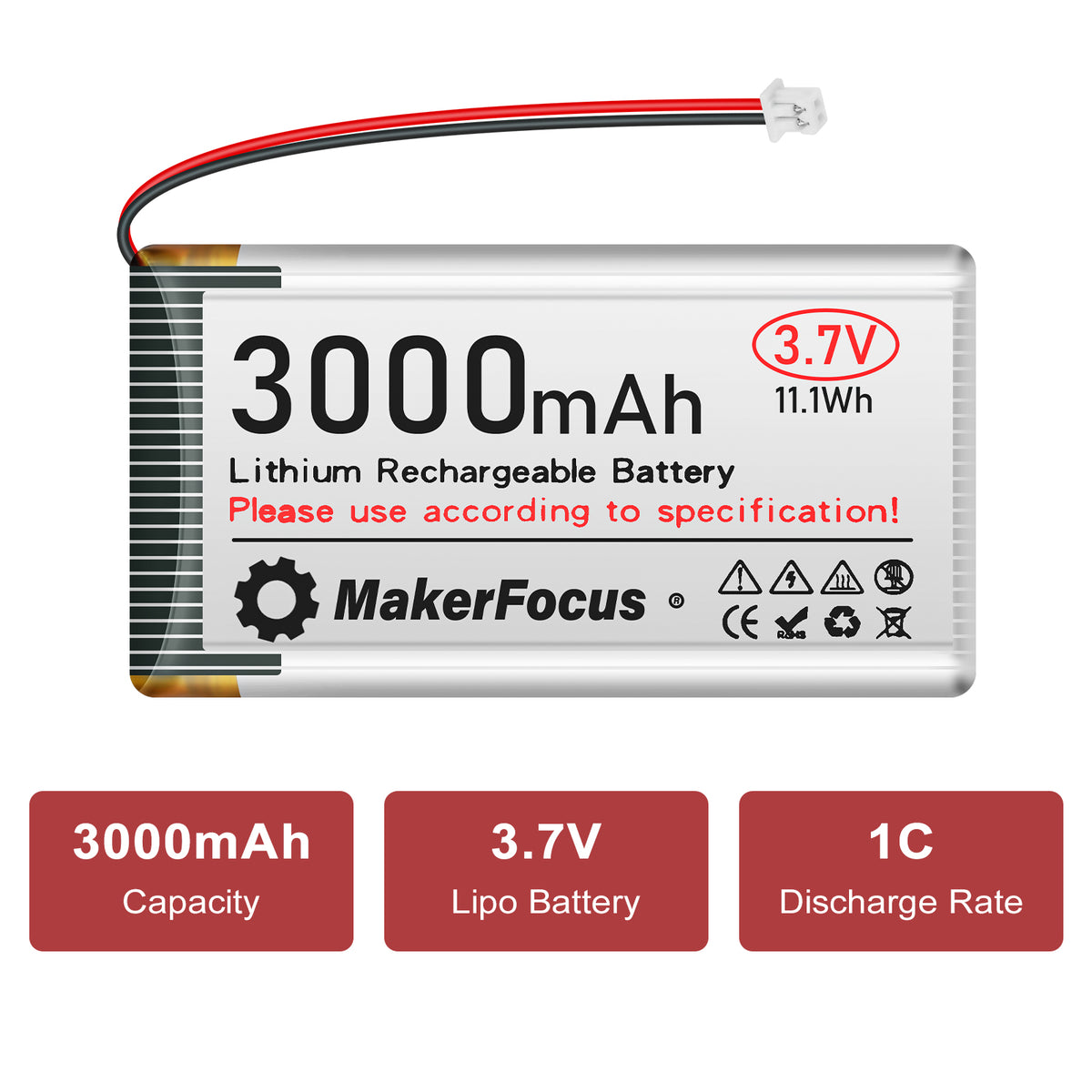 Makerfocus 3.7V 3000mAh Lithium Rechargeable Battery 1S 3C LiPo Batter ...