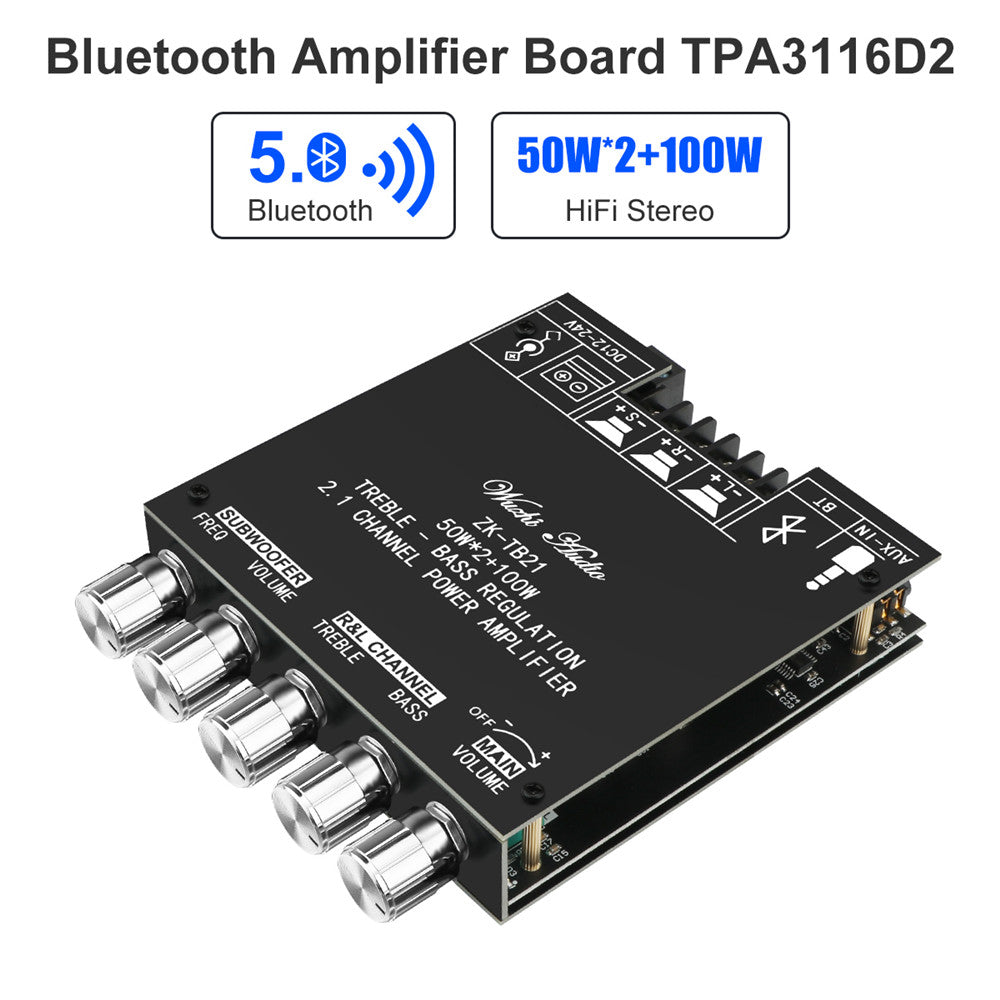 Carte amplificateur Bluetooth HiFi stéréo 2.1 TPA3116D2 2X50W + 100W  12V-24V Module amplificateur de Puissance Audio contrôle des Basses et des  aigus : : High-Tech
